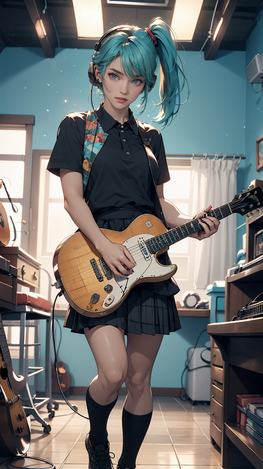 ((masterpiece, highest quality))One girl, alone, Black Dress, blue eyes, electric guitar, guitar, Headphones, Double Ponytail, Holding, Holding plectrum, musical instrument, Long Hair, music, One side up, Turquoise Hair, Twin tails, guitarを弾く, Pleated skirt, Black Shirt, interior