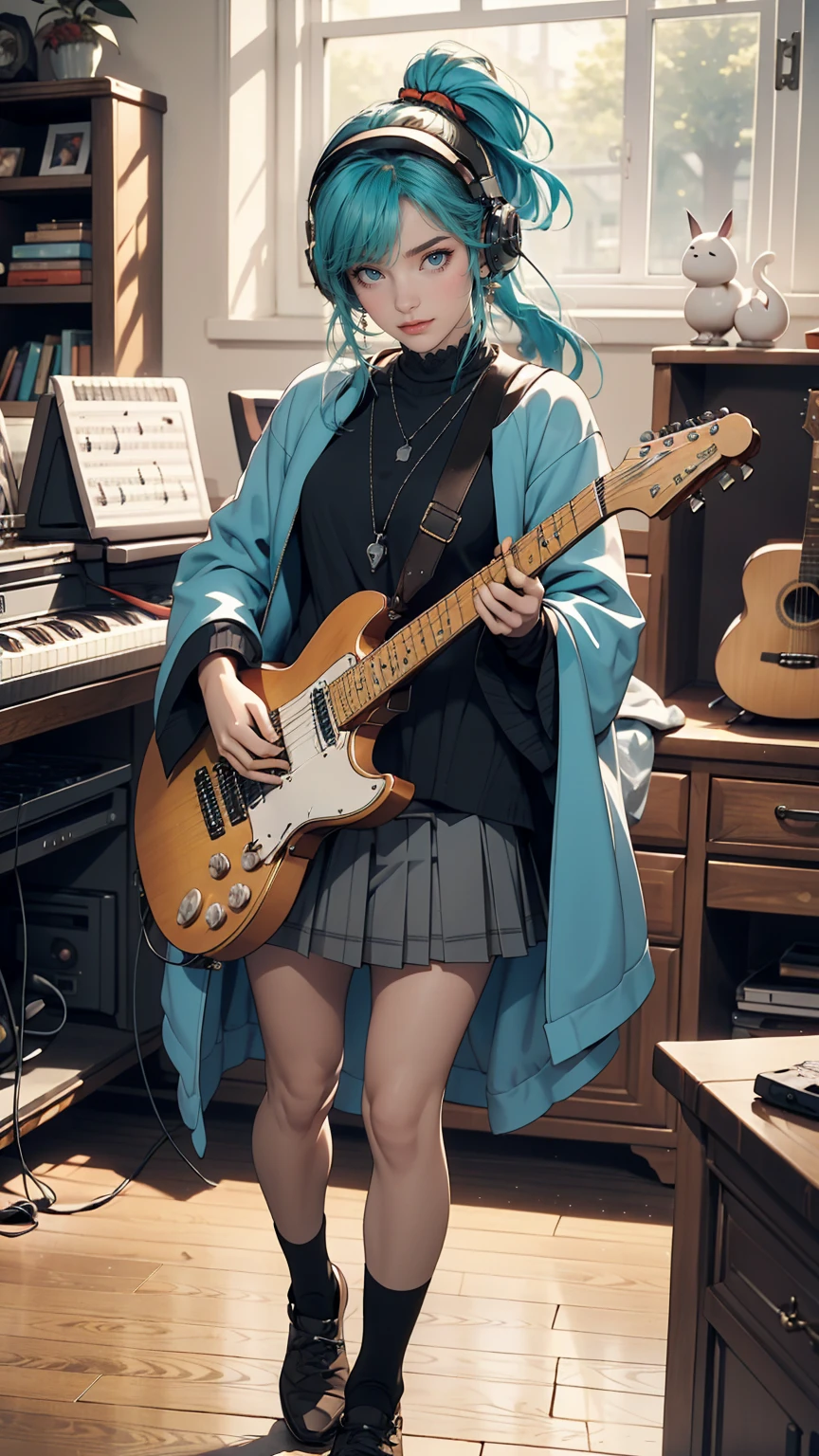 ((masterpiece, highest quality))One girl, alone, Black Dress, blue eyes, electric guitar, guitar, Headphones, Double Ponytail, Holding, Holding plectrum, musical instrument, Long Hair, music, One side up, Turquoise Hair, Twin tails, guitarを弾く, Pleated skirt, Black Shirt, interior