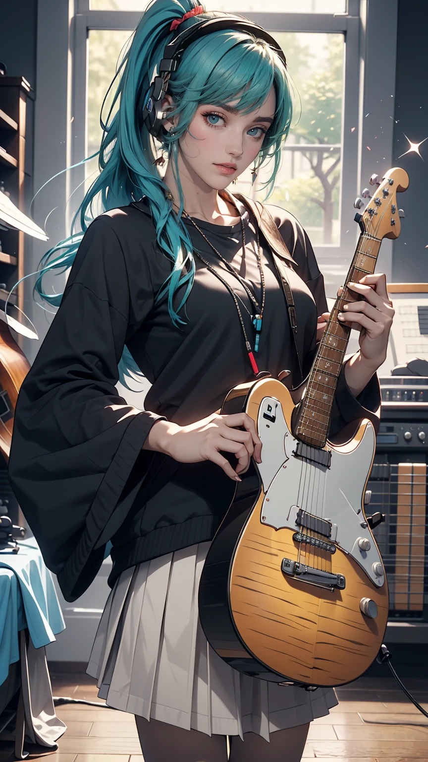 ((masterpiece, highest quality))One girl, alone, Black Dress, blue eyes, electric guitar, guitar, Headphones, Double Ponytail, Holding, Holding plectrum, musical instrument, Long Hair, music, One side up, Turquoise Hair, Twin tails, guitarを弾く, Pleated skirt, Black Shirt, interior