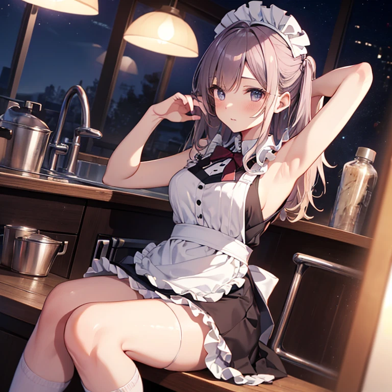 A maids, (in kitchen), various hair styles, night, details face, short skirt, seducing, sleeveless, maid uniform, armpits