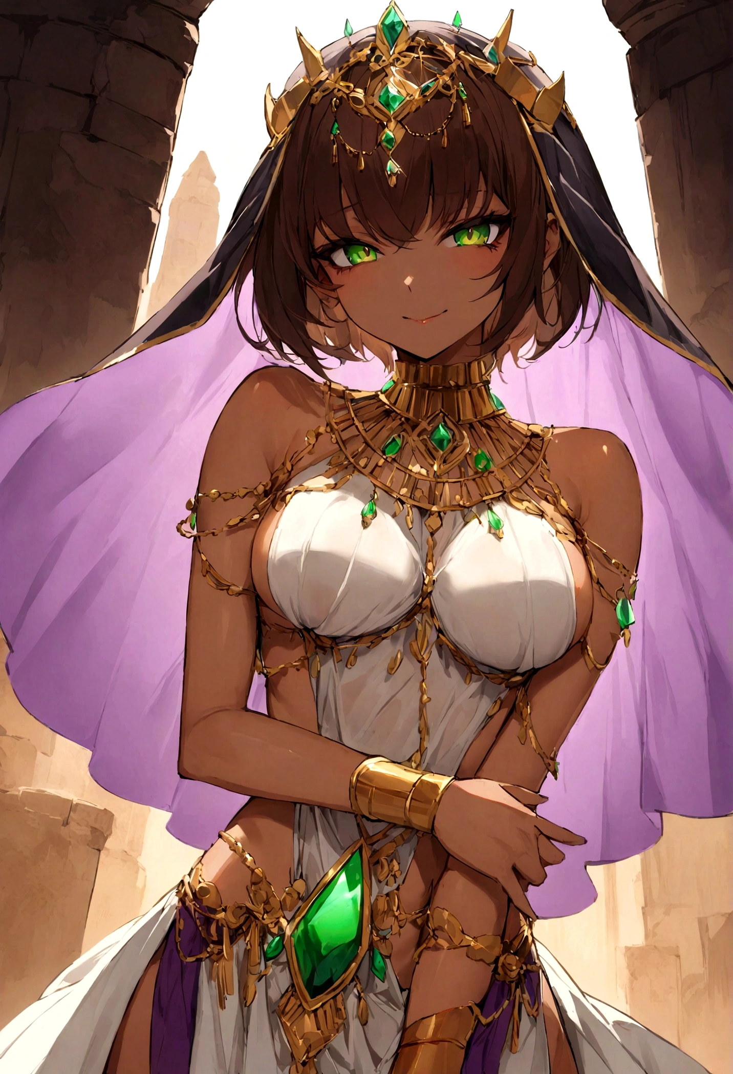 long, flowing brown hair that reaches down to the middle of her back. Eyes: Retains the same sharp green eyes,Build: Slimmer and more , though still athletic. Her new form is more agile and quick. Skin: tanned. Her outfit consists of delicate, thin chains and ornamental pieces that barely cover her body. A translucent purple veil covers her lower face, with intricate jewelry adorning her neck, arms, and waist. evil smile, subservient, large breast, egyptian style clothng