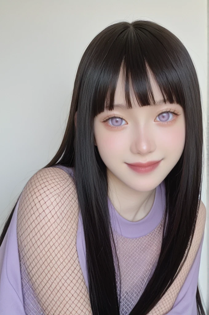score_9, score_8_up, score_7_up, score_6_up, score_5_up, score_4_up, rating_questionable, by nephlite, hyuuga hinata, naruto (series), 1girl, black hair, purple eyes, closeup, loving smile, leaning forward, fishnets, simple background, marker \(medium\), traditional media