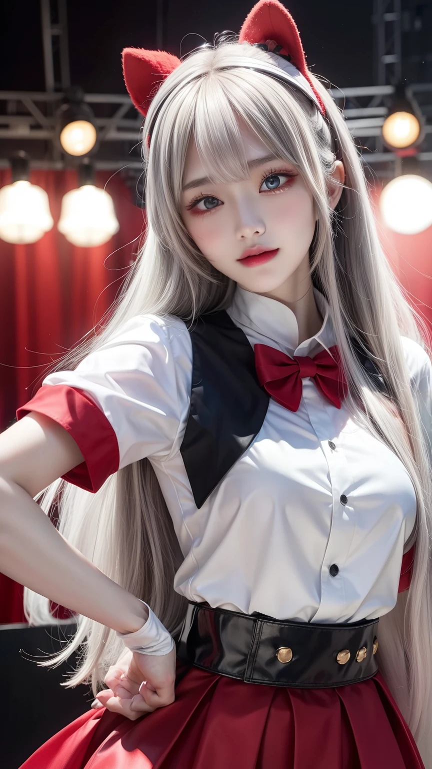 anime,1girl,white long hair,gray eyes, white shirt, idol clothes, one eye closed, red shirt, black skirt, black headwear, gloves, stage light, singing, crowd, pointing at viewer, masterpiece, best quality