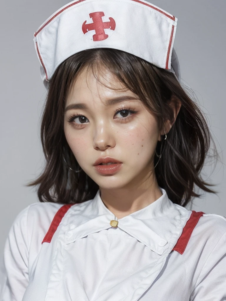 (highest quality、8k、Best image quality)、woman, 20-year-old, Short black wavy hair、((Wearing a white nurse's uniform:1.5))、((She&#39;s wearing a super tight white skirt:1.5))、((Are thin))、((from the back))、Cute Smile、((Poses that accentuate the buttocks、looked back))、Sexy Hips、(((Panties are visible)))、Cute Earrings、(Please tilt your head a little)、((Beautiful buttocks in shape))、Small breasts、Beautiful teeth、Squat、((Lace panties with attention to detail))、(Low angle、Shooting from a low position:1.4)