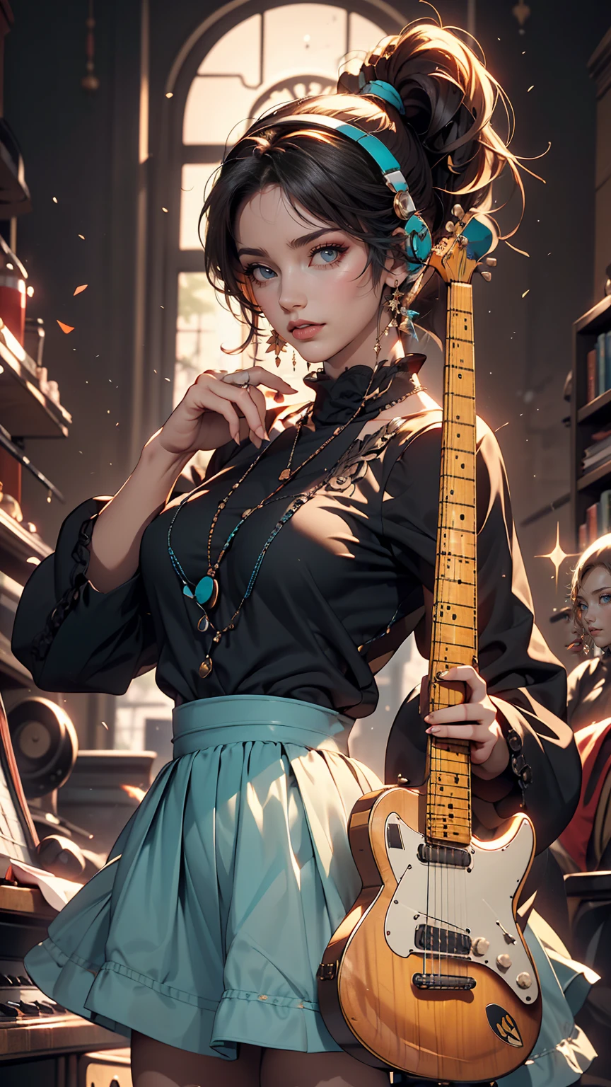 ((masterpiece, highest quality))One girl, alone, Black Dress, blue eyes, electric guitar, guitar, Headphones, Double Ponytail, Holding, Holding plectrum, musical instrument, Long Hair, music, One side up, Turquoise Hair, Twin tails, guitarを弾く, Pleated skirt, Black Shirt, interior