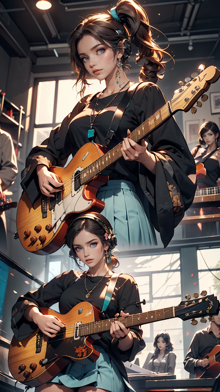 ((masterpiece, highest quality))One girl, alone, Black Dress, blue eyes, electric guitar, guitar, Headphones, Double Ponytail, Holding, Holding plectrum, musical instrument, Long Hair, music, One side up, Turquoise Hair, Twin tails, guitarを弾く, Pleated skirt, Black Shirt, interior