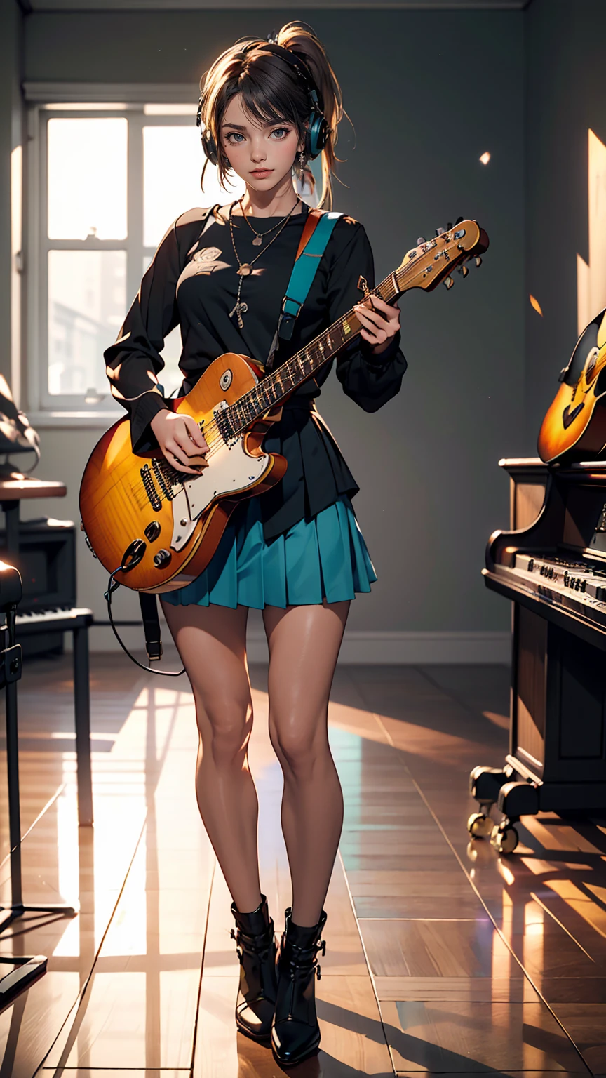 ((masterpiece, highest quality))One girl, alone, Black Dress, blue eyes, electric guitar, guitar, Headphones, Double Ponytail, Holding, Holding plectrum, musical instrument, Long Hair, music, One side up, Turquoise Hair, Twin tails, guitarを弾く, Pleated skirt, Black Shirt, interior
