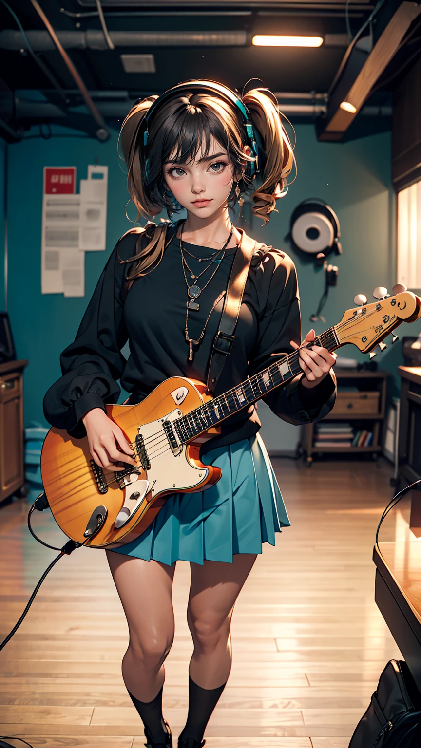 ((masterpiece, highest quality))One girl, alone, Black Dress, blue eyes, electric guitar, guitar, Headphones, Double Ponytail, Holding, Holding plectrum, musical instrument, Long Hair, music, One side up, Turquoise Hair, Twin tails, guitarを弾く, Pleated skirt, Black Shirt, interior