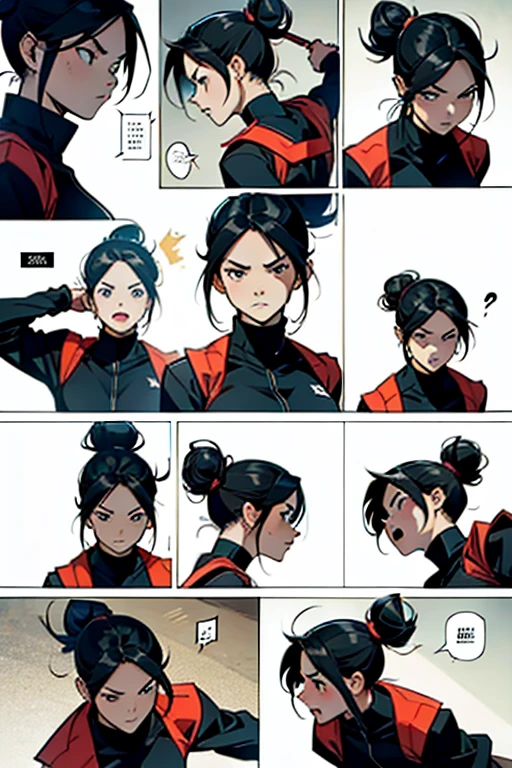 Girl with black hair in a bun fighting and getting hit, action shots and detailed expressions, manga page with panels and dialogue