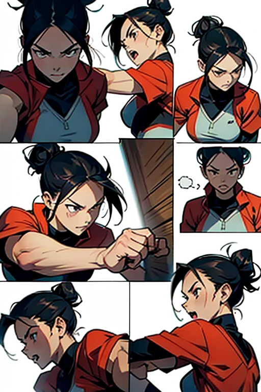 Girl with black hair in a bun fighting and getting hit, action shots and detailed expressions, manga page with panels and dialogue