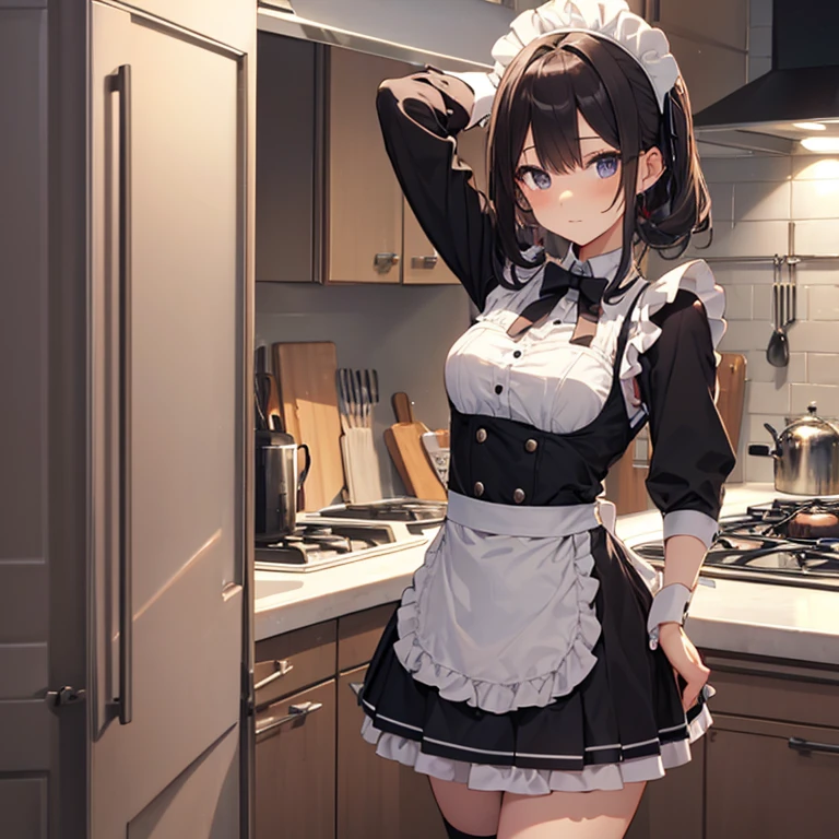 A maids, (in kitchen), various hair styles, night, details face, short skirt, seducing, sleeveless, maid uniform, armpits