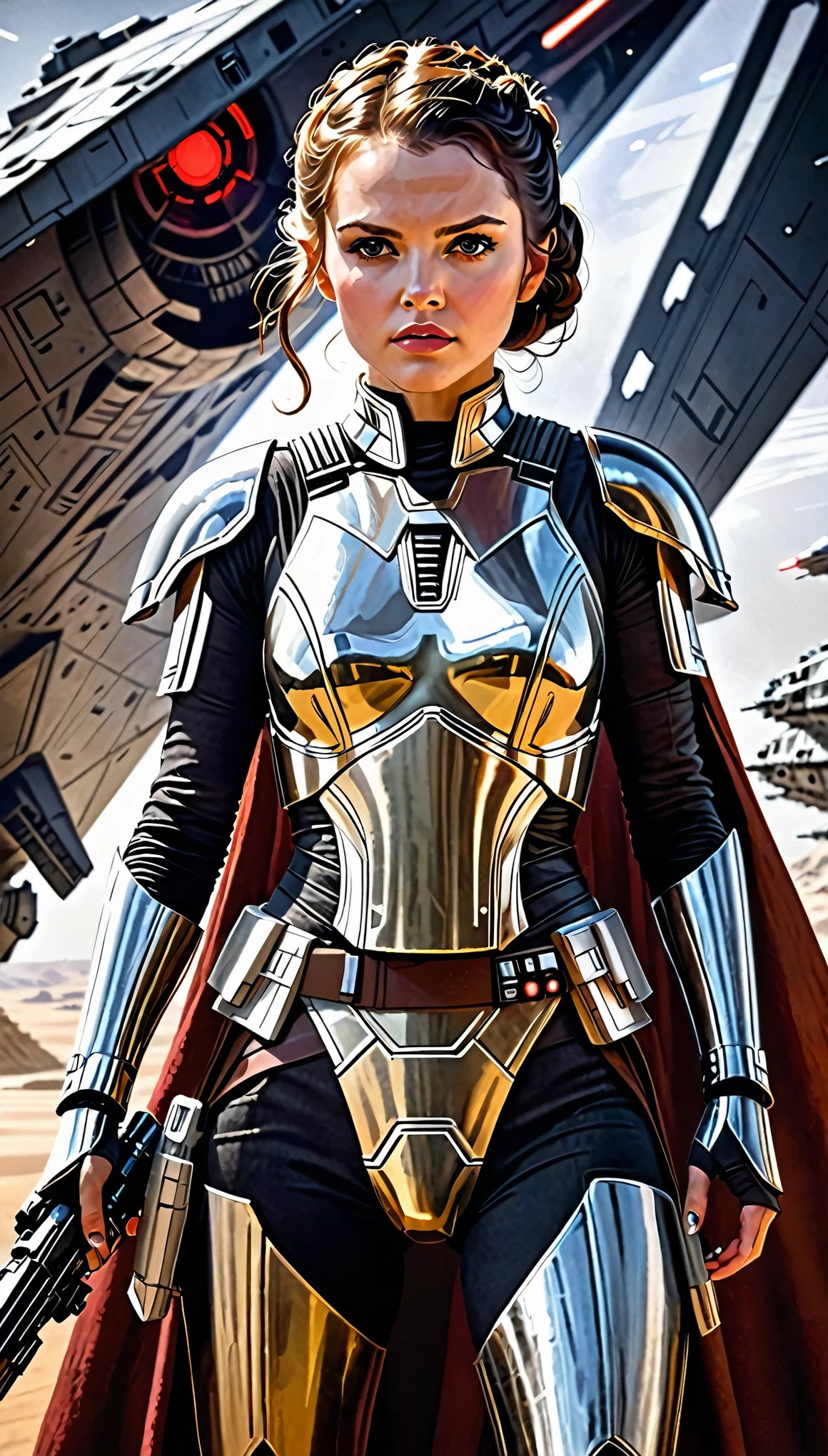 In a captivating scene in a high definition movie、The fierce Star Wars heroine appears against the backdrop of a towering Star Destroyer。The heroine, clad in distinctive armor,、Stand firm、I hold my weapon of choice tightly in my hand.。A look of determination and concentration is etched on his face.、She exudes a powerful aura that is inspiring and intimidating.。Her armor sparkles in the spotlight、Smooth and strong、It reflects the complexity of her character: vulnerable yet invincible.。This masterpiece captures a moment captured in ultra-high resolution of a raw photo.、A glimpse into the heart of the Star Wars universe、Full of film grain texture。