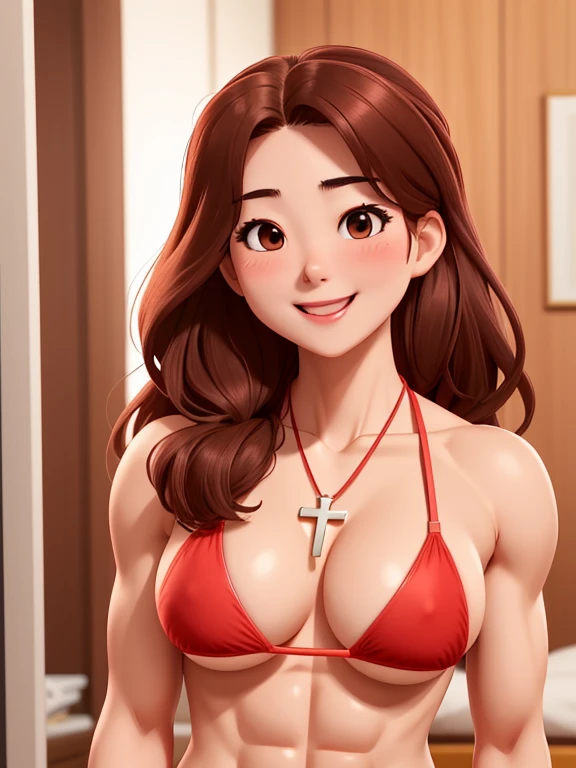 attractive korean woman, ripped muscle, muscular body, small breast, pale skin, smile(blush), red bikini, cross necklace, sixpack abs, [ultra detailed skin:1.2], brown hair, long wavy hair, 8k uhd, pussy, full body, crowd, public, bedroom, standing,