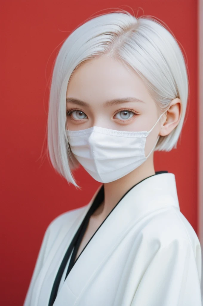 (score_9, score_8_up), score_7_up, zPDXL, 1girl, white hair, short hair, white eyes, mouth mask, looking at viewer, white kimono, red background, film grain, cowboy shot sinozick style