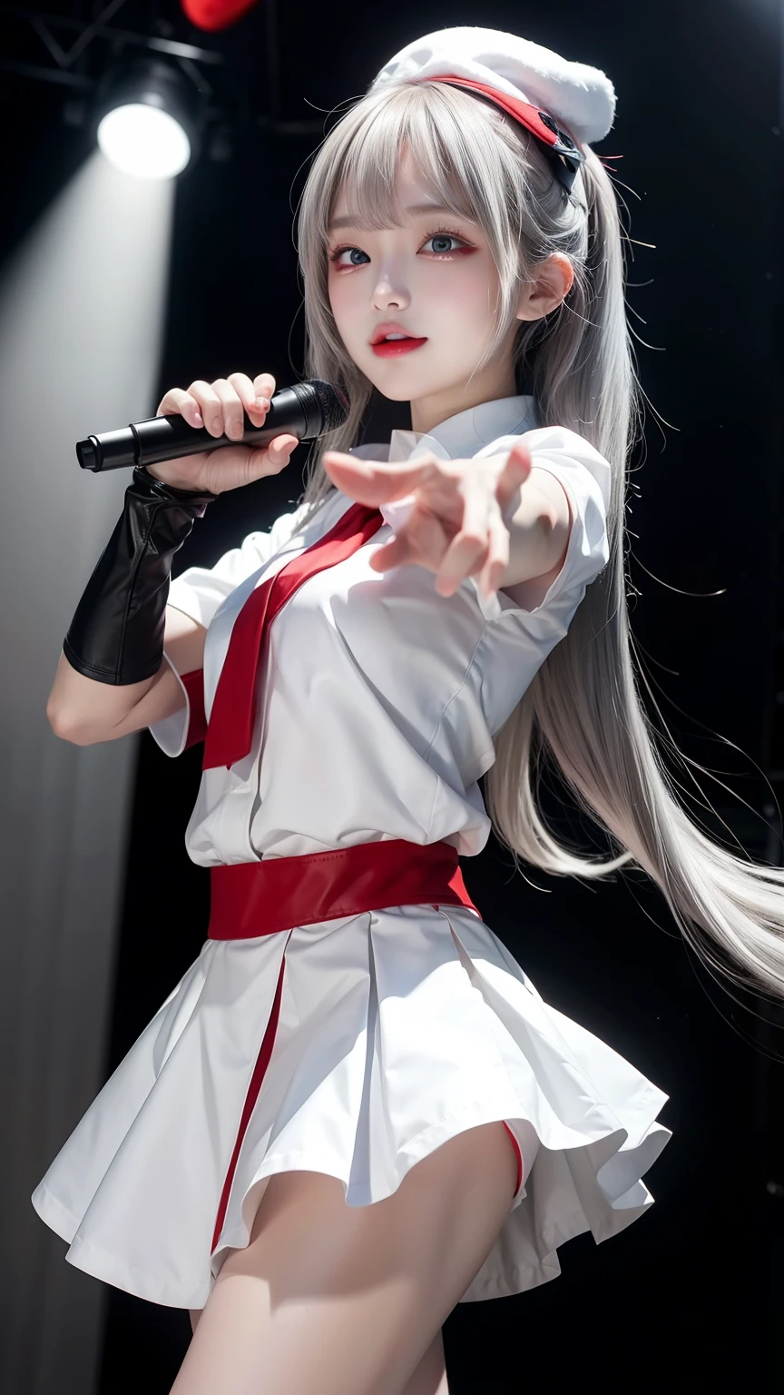 anime,1girl,white long hair,gray eyes, white shirt, idol clothes, one eye closed, red shirt, black skirt, black headwear, gloves, stage light, singing, crowd, pointing at viewer, masterpiece, best quality