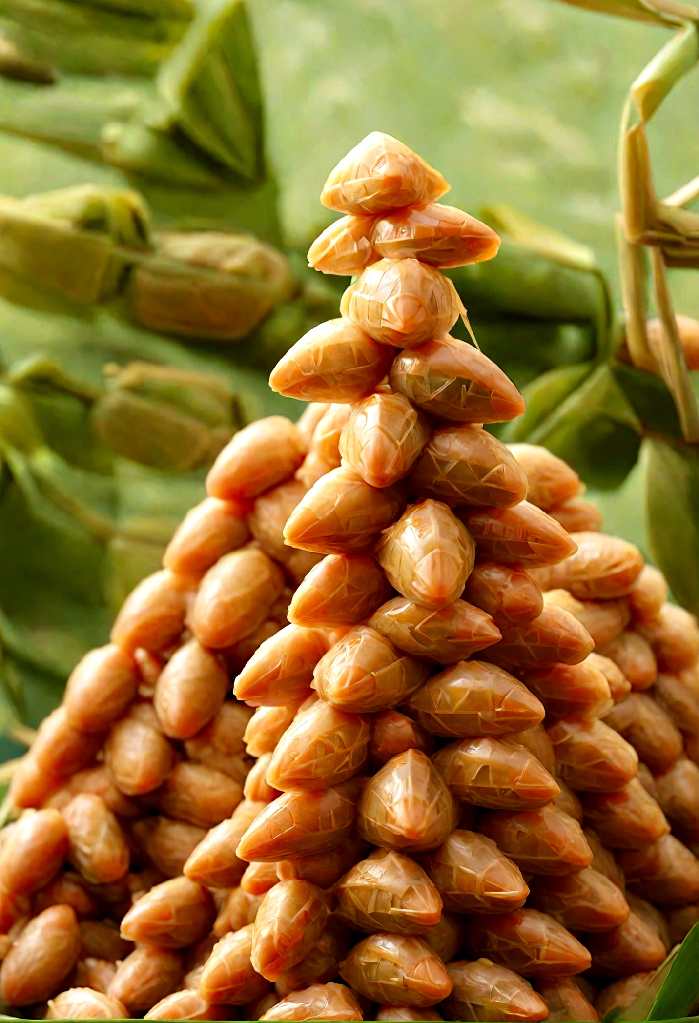 a lot of tiny little people are around triangle food made by steaming glutinous rice, wrapped leaves in the style of, traditional Chinese landscape festive, atmosphere, green and bronze focus stacking symbolic props, leaf patterns, Bright background Sun light, Macro Shot Angle, medium to long range