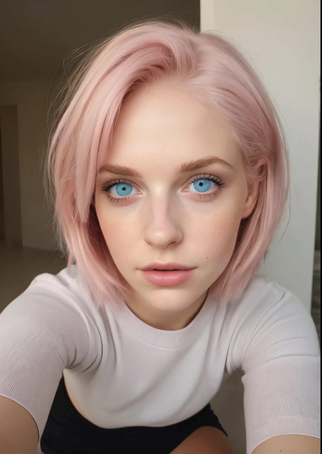 high quality, taken on iphone camera BREAK high selfie shot of beautiful young girl BREAK (Shaded:1.3), face looking straight into the camera, full-face, light pink hair, (beautiful face), textured skin, light pink hair, short skirt, short top, toe socks, perfect eyes, perfect figure