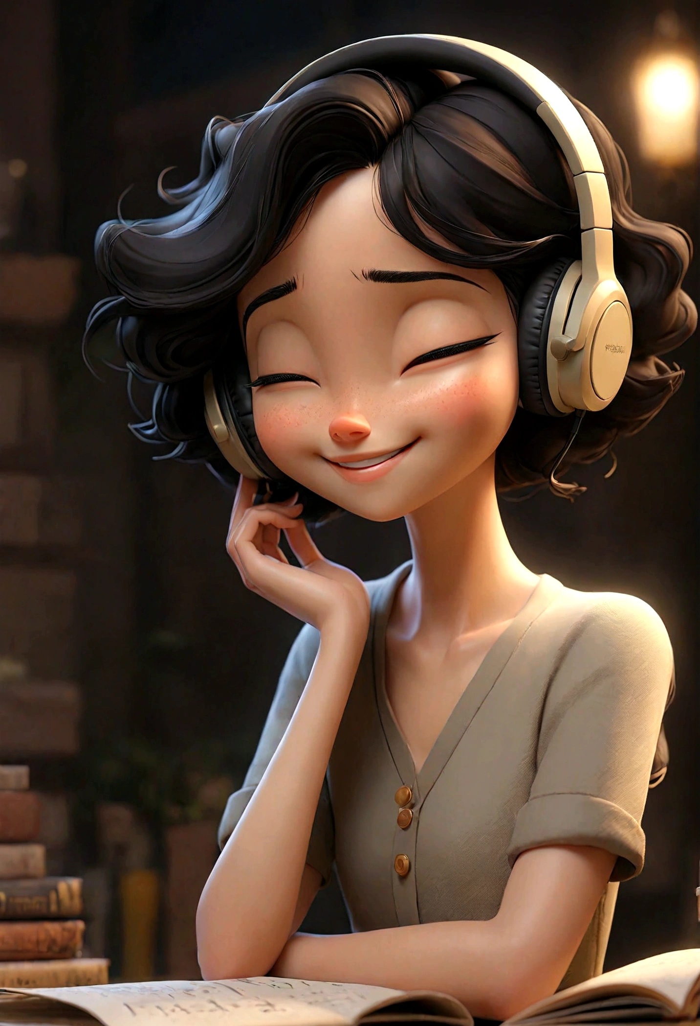 highest quality、masterpiece、night、Headphones、Listening to music、Eyes closed、smile、relax、Black Hair、Shortcuts、Cute、One Woman