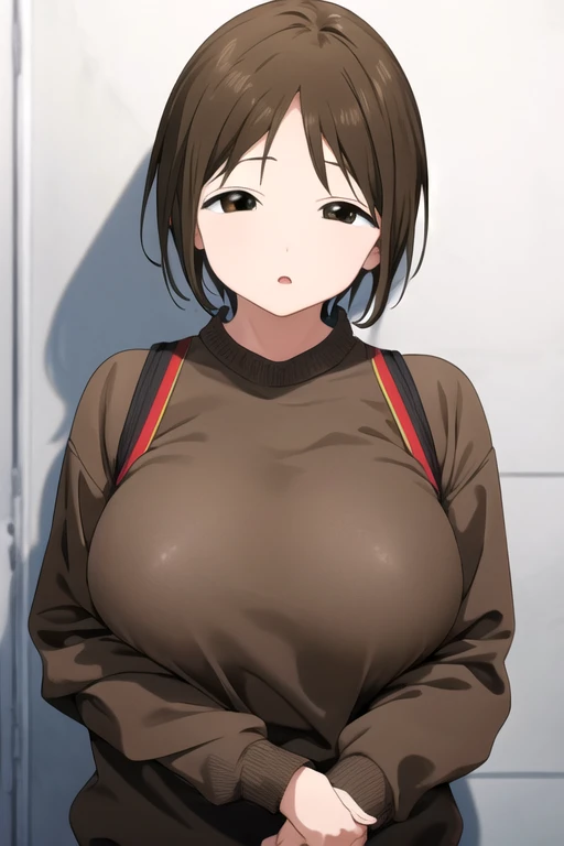 masterpiece, High resolution, One girl,  Brown eyes, Brown Hair, KeiTanigawaR4, , Simple Background, Upper Body, White Background,（Huge breasts:1.2）