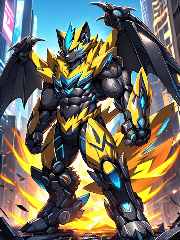 Massive armor zeraora rampage through a city, crushing buildings and vehicles beneath their unstoppable metal frames, Massive mechanical zeraora rampage through a city,
masterpiece, official art, 8k, best quality, highly detailed, terrifying and imposing design, each creature with its own unique abilities and weapons, smoke and flames rising from the destruction in the background, a lone figure,
high-tech bio-mecha armor, real texture material, (ZERAORA, 8K), (gigantic muscles, Gigachad Muscular, big muscle, pecs, triceps, traps, unusually developed muscular body, body full of huge muscles. showing off muscles, pectorales enormes, Exaggeratedly huge muscles.),(Spread wings, It has wings, have big wings, golden wings), (whole body shines like metal, Wearing cyberpunk mecha, emphasizes the muscles, suit fully made of metal, intricate armor, Robotic suit, suit fully made of metal, cyborg), (giant zeraora, Zeraora's giant robot, Powered exoskeleton with the same design as Zeraora), (Masterpiece, highres) (Detailed head, Detailed Body, Detailed abs, full body), metallic PENIS