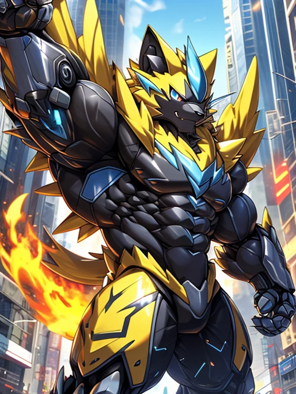 Massive armor zeraora rampage through a city, crushing buildings and vehicles beneath their unstoppable metal frames, Massive mechanical zeraora rampage through a city, 
masterpiece, official art, 8k, best quality, highly detailed, terrifying and imposing design, each creature with its own unique abilities and weapons, smoke and flames rising from the destruction in the background, a lone figure,
high-tech bio-mecha armor, real texture material, (ZERAORA, 8K), (gigantic muscles, Gigachad Muscular, big muscle, pecs, triceps, traps, unusually developed muscular body, body full of huge muscles. showing off muscles, pectorales enormes, Exaggeratedly huge muscles.),(Spread wings, It has wings, have big wings, golden wings), (whole body shines like metal, Wearing cyberpunk mecha, emphasizes the muscles, suit fully made of metal, intricate armor, Robotic suit, suit fully made of metal, cyborg), (giant zeraora, Zeraora's giant robot, Powered exoskeleton with the same design as Zeraora), (Masterpiece, highres) (Detailed head, Detailed Body, Detailed abs, full body), metallic PENIS