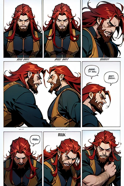 Anime guy with long red hair and beard fighting and getting hit, action shots and detailed expressions, manga page with panels and dialogue