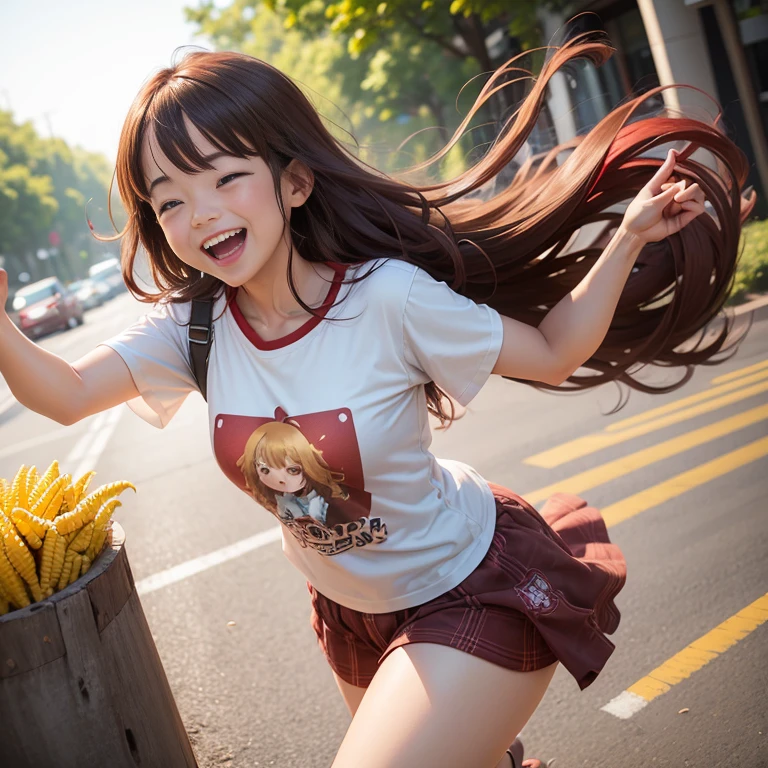 One Girl(((Laughter)))、Reaching the climax:1.３, shortcut、Tabletop、The bottom is randomly generated、（ Corn illustration printed shirt ）、Brown and thick hair、Red GI Cut、run away、Show me the wind blowing her clothes,Background blur:1.5,cute,girl