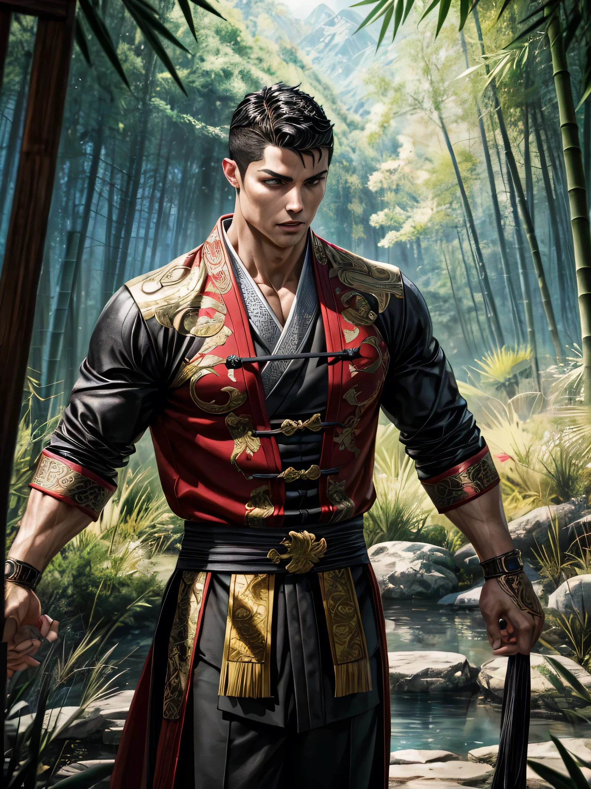 Cristiano Ronaldo，intricately details，tmasterpiece，best qualtiy，A high resolution，mature，Age 35，handsome，Handsome，Angular，tall muscular guy，a broad shouldered，Black colored eyes，Fine eyes and detailed face，looking at viewert，（style-swirlmagic：0.7），（full bodyesbian：0.7），（Chinese fantasy theme：1.1），The corners of the clothes fluttered in the wind，Martial artist，dynamicposes，Fighting posture， and clench your fist，Fingerless gloves，Wristbands，Taoist-themed costumes，Taoist robes，Bamboo forest in the background，Rotating floating particles，dynamic compositionysterious oriental medieval atmosphere，depth of fields，vfx。 Cinematic, Hyper-detailed, insane details, Beautifully color graded, Unreal Engine, DOF, Super-Resolution, Megapixel, Cinematic Lightning, Anti-Aliasing, FKAA, TXAA, RTX, SSAO, Post Processing, Post Production, Tone Mapping, CGI, VFX, SFX, Insanely detailed and intricate, Hyper maximalist, Hyper realistic, Volumetric, Photorealistic, ultra photoreal, ultra-detailed, intricate details, 8K, Super detailed, Full color, Volumetric lightning, HDR, Realistic, Unreal Engine, 16K, Sharp focus, octane render --v testp