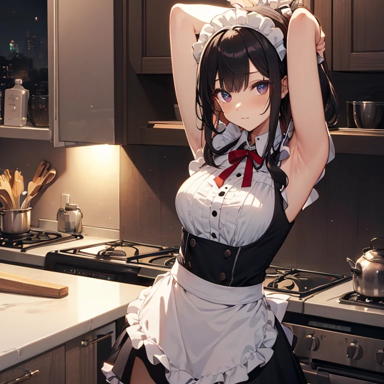 A maids, (in kitchen), various hair styles, night, details face, short skirt, seducing, sleeveless, maid uniform, armpits