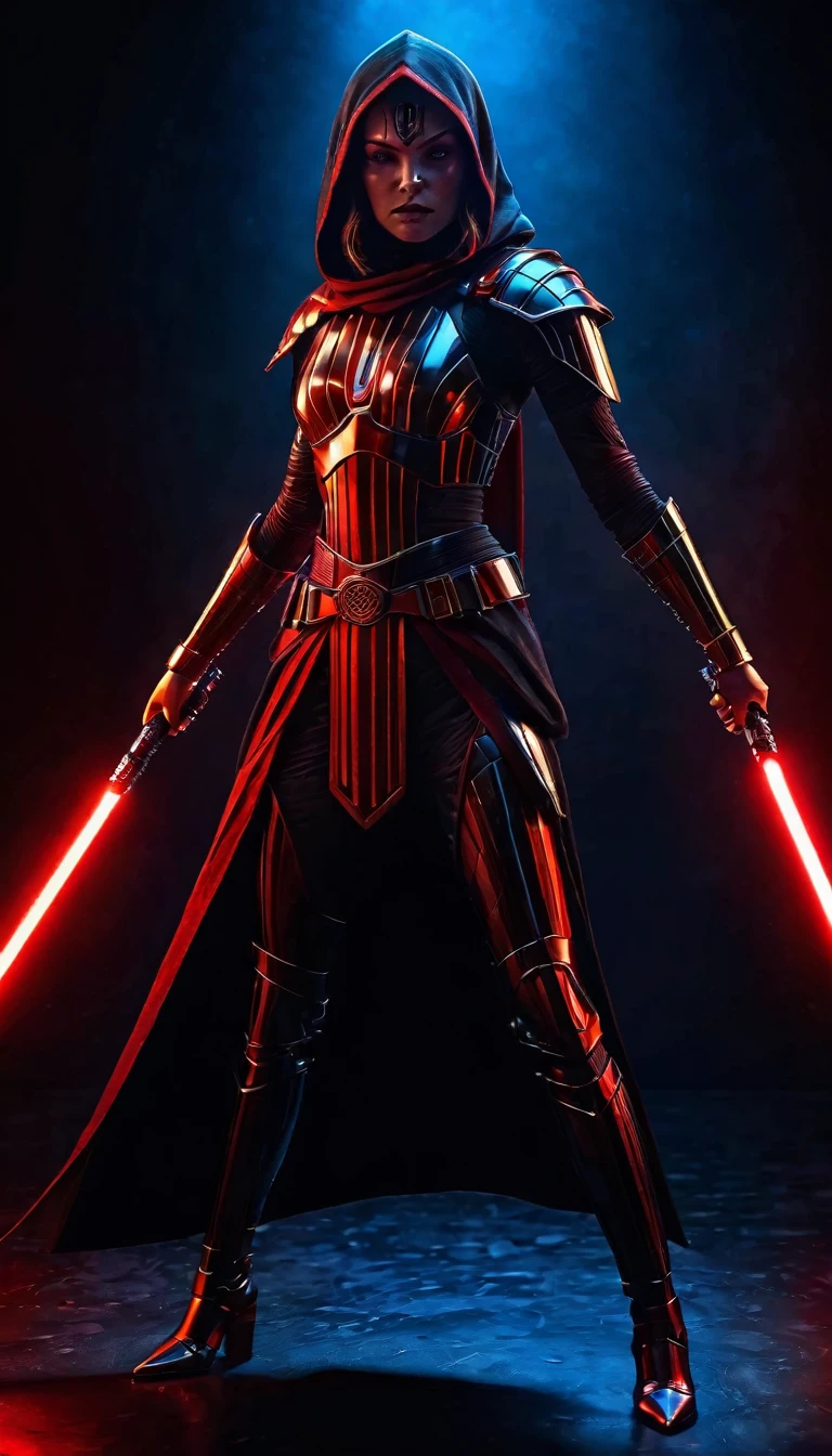 (full body shot:1.4), female warrior, sith lord, star ears, red lightsaber, intricate details, dramatic lighting, dark fantasy, chiaroscuro, cinematic composition, dramatic pose, dynamic action, moody atmosphere, deep shadows, vibrant colors, photorealistic, 8k, masterpiece