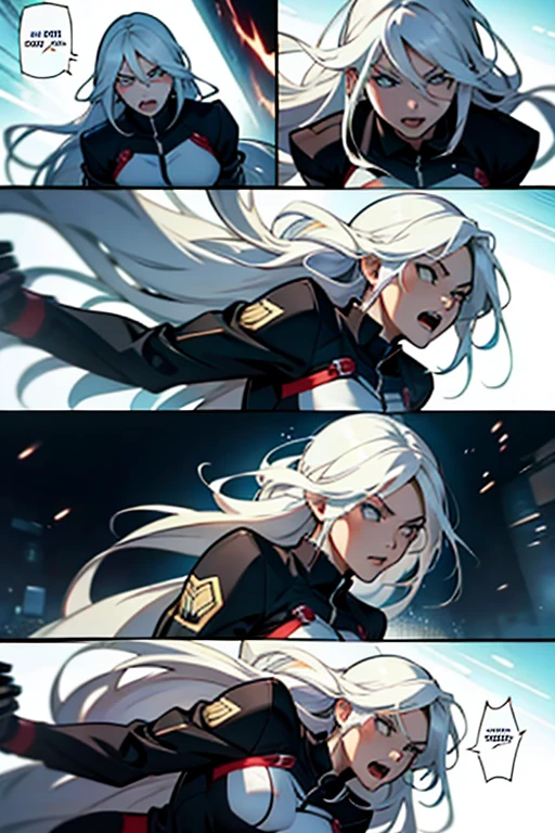 Girl with long white hair fighting and getting hit, action shots and detailed expressions, manga page with panels and dialogue