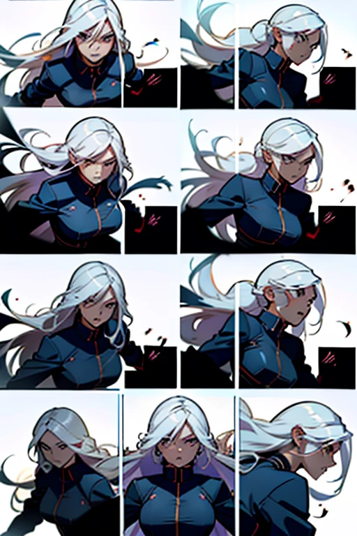 Girl with long white hair fighting and getting hit, action shots and detailed expressions, manga page with panels and dialogue 