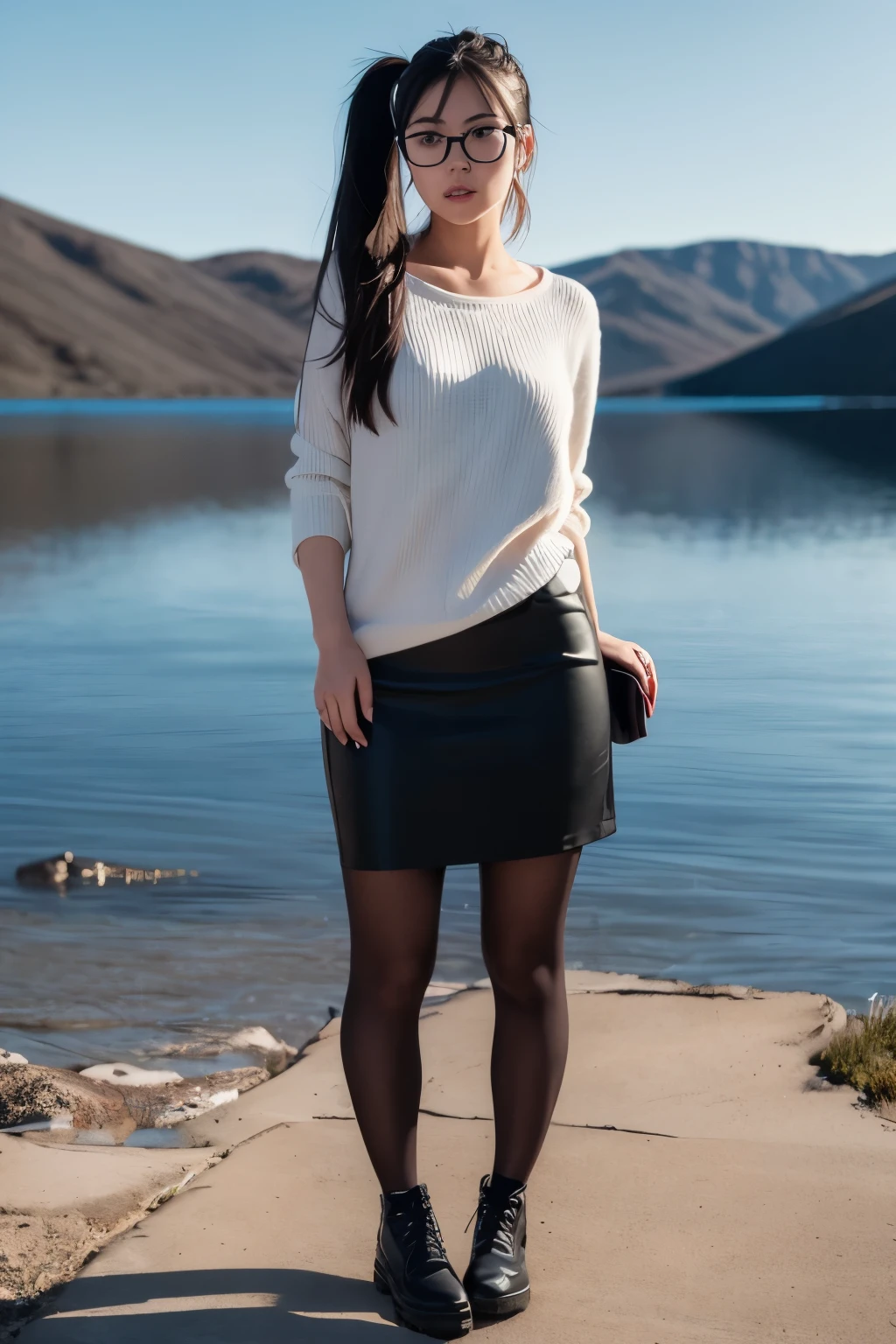 A full-body photorealistic vertical portrait of a 24-year-old Buryat woman with a round face, black hair tied in a ponytail, and a long neck. She is standing and has fuller cheeks, thin lips with red lipstick, and is wearing red-framed glasses. She is dressed in a pencil skirt. The background features Baikal lake . ((best quality)), ((masterpiece)), (detailed), perfect face