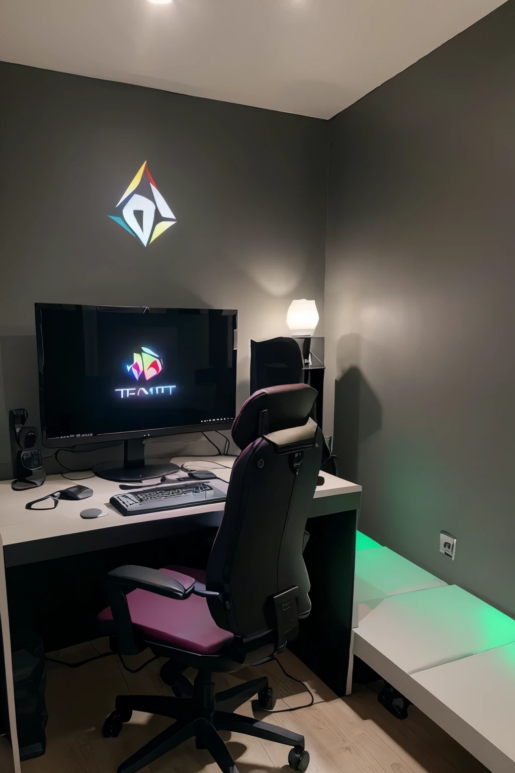 Create a small gaming room with a gaming chair and table and gaming laptop(not a desktop) with a keyboard with RGB light and a sticker on the front wall SIUUU!!!