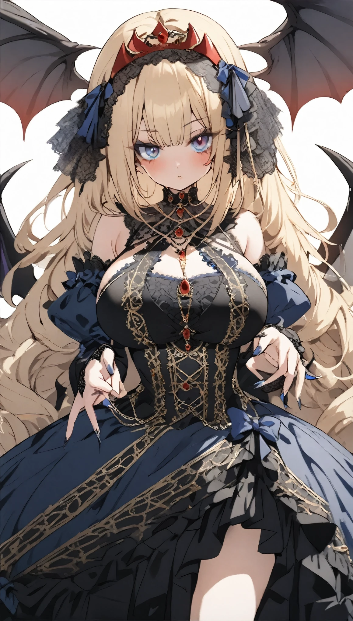 score_9, score_8_up, score_7_up, best quality ,masterpiece, 4k, Japanese anime, 1girl, (long length hair:1.2), Fishnet tights, drill hair, blonde hair, (:1.3), (eye lashes:1.3), (eye shadow:1.3), blue eyes, (beautiful detailed eyes:1.4), pouty lips, 130cm tall, original character, fantasy, (demon wing:1.5),(White background:1.2), beautiful fingers, (blue gold lace frill Gothic dress:1.5), (red tiara:1.5) ,(head ribbon:1.5),shoot from front, looking at viewer, 