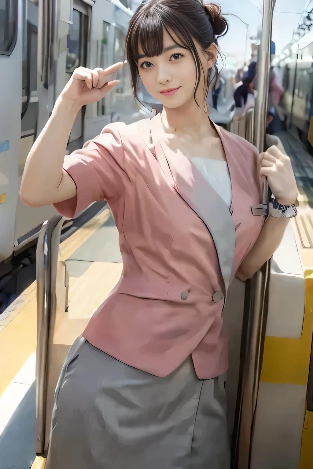 (masterpiece:1.2, highest quality:1.2), 32K HDR, High resolution, (alone、1 girl)、(On the rooftop of a building in the daytime、Professional Lighting)、Building rooftop background、(Nankai train crew uniform pinkを着たリアルスタイル)、(Nankai train crew uniform pink short sleeve pink jacket、Nankai Train Crew Uniform Pink Collarless Short Sleeve Blouse、Nankai Train crew uniform pinkのグレー色のキュロットスカート)、Dark brown hair、(Hair tied up、Hair Bun、Hair Bun)、Dark brown hair、Long Shot、Big Breasts、Thin legs、((Great hands:2.0)),((Harmonious body proportions:1.5)),((Normal limbs:2.0)),((Normal finger:2.0)),((Delicate eyes:2.0)),((Normal eyes:2.0)))、smile、(Nankai Train crew uniform pinkのグレー色のキュロットスカートを見せた美しい歩く姿)、Keep your hands natural