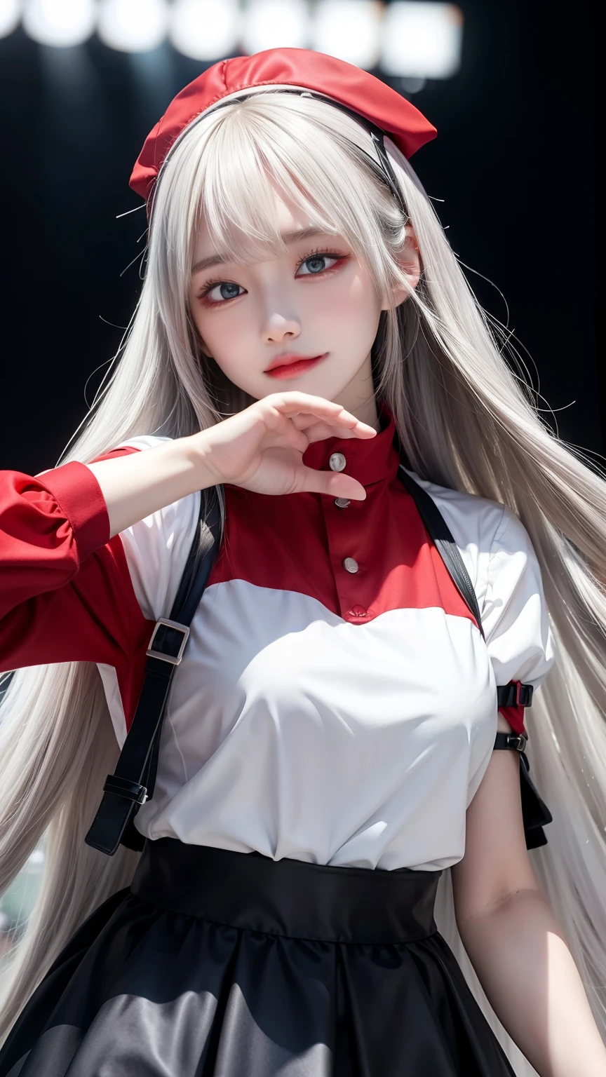 anime,1girl,white long hair,gray eyes, white shirt, idol clothes, one eye closed, red shirt, black skirt, black headwear, gloves, stage light, singing, crowd, pointing at viewer, masterpiece, best quality