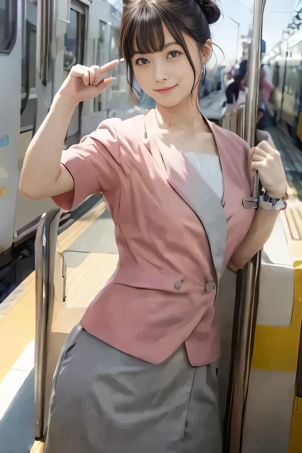 (masterpiece:1.2, highest quality:1.2), 32K HDR, High resolution, (alone、1 girl)、(On the rooftop of a building in the daytime、Professional Lighting)、Building rooftop background、(Nankai train crew uniform pinkを着たリアルスタイル)、(Nankai train crew uniform pink short sleeve pink jacket、Nankai Train Crew Uniform Pink Collarless Short Sleeve Blouse、Nankai Train crew uniform pinkのグレー色のキュロットスカート)、Dark brown hair、(Hair tied up、Hair Bun、Hair Bun)、Dark brown hair、Long Shot、Big Breasts、Thin legs、((Great hands:2.0)),((Harmonious body proportions:1.5)),((Normal limbs:2.0)),((Normal finger:2.0)),((Delicate eyes:2.0)),((Normal eyes:2.0)))、smile、(Nankai Train crew uniform pinkのグレー色のキュロットスカートを見せた美しい歩く姿)、Keep your hands natural