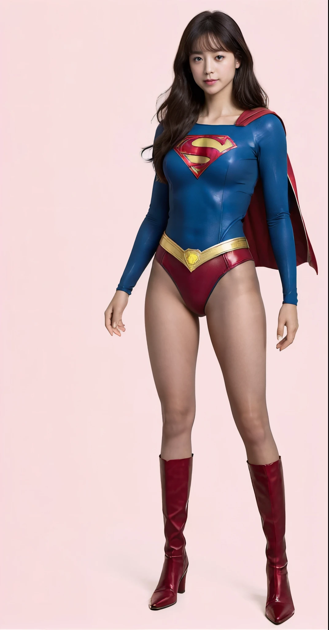 No background、(((Beautiful legs in black tights.)))、(((Legally express the beauty of your smile)))、((((Make the most of your original images)))、(((Supergirl Costume)))、(((Beautiful hairstyle)))、(((suffering)))、(((Please wear black tights....、Wear red boots)))、((Best image quality、8k))、((highest quality、8k、masterpiece:1.3))、(((Preserve background )))、Sharp focus:1.2、Beautiful woman with perfect figure:1.4、Slim Abs:1.2、Wet body:1.5、Highly detailed face and skin texture、8k
