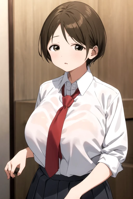 masterpiece, High resolution, One girl,  Brown eyes, Brown Hair, KeiTanigawaR4, , Simple Background, Upper Body, White Background,（Huge breasts:1.2）、White shirt、Red tie、Pleated skirt、Straight Bangs
