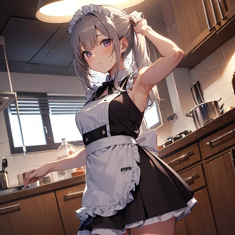 A maids, (in kitchen), various hair styles, night, details face, short skirt, seducing, sleeveless, maid uniform, armpits