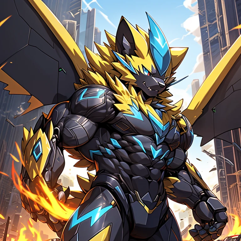 giant mechanical zeraora rampage through a city, crushing buildings and vehicles beneath their unstoppable metal frames.
Additional details: masterpiece, official art, 8k, best quality, highly detailed, terrifying and imposing design, each creature with its own unique abilities and weapons, smoke and flames rising from the destruction in the background, a lone figure, high-tech bio-mecha armor, real texture material, (ZERAORA, 8K), (gigantic muscles, Gigachad Muscular, big muscle, pecs, triceps, traps, unusually developed muscular body, body full of huge muscles. showing off muscles, pectorales enormes, Exaggeratedly huge muscles.),(Spread wings, It has wings, have big wings, golden wings), (whole body shines like metal, Wearing cyberpunk mecha, emphasizes the muscles, suit fully made of metal, intricate armor, Robotic suit, suit fully made of metal, cyborg), (giant zeraora, Zeraora's giant robot, Powered exoskeleton with the same design as Zeraora), (Masterpiece, highres) (Detailed head, Detailed Body, Detailed abs, full body), metallic PENIS