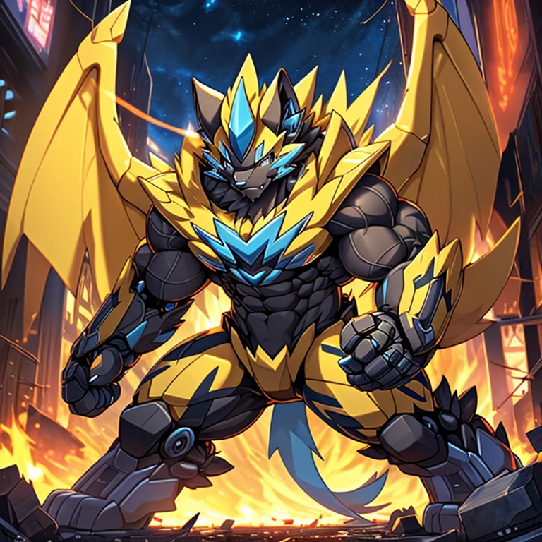 giant mechanical zeraora rampage through a city, crushing buildings and vehicles beneath their unstoppable metal frames.
Additional details:  masterpiece, official art, 8k, best quality, highly detailed, terrifying and imposing design, each creature with its own unique abilities and weapons, smoke and flames rising from the destruction in the background, a lone figure, high-tech bio-mecha armor, real texture material, (ZERAORA, 8K), (gigantic muscles, Gigachad Muscular, big muscle, pecs, triceps, traps, unusually developed muscular body, body full of huge muscles. showing off muscles, pectorales enormes, Exaggeratedly huge muscles.),(Spread wings, It has wings, have big wings, golden wings), (whole body shines like metal, Wearing cyberpunk mecha, emphasizes the muscles, suit fully made of metal, intricate armor, Robotic suit, suit fully made of metal, cyborg), (giant zeraora, Zeraora's giant robot, Powered exoskeleton with the same design as Zeraora), (Masterpiece, highres) (Detailed head, Detailed Body, Detailed abs, full body), metallic PENIS