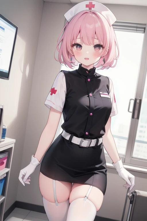 1girl, solo, nurse, nurse cap, white wear, ((white legwear, zettai ryouiki)), white gloves, pink hair, drooping eyes, ((covered nose)), standing, ((hospital room)), sharp outline, short sleeves, best quality, masterpiece,Fleshy,Brown eyes,Fleshy,Black hair,happy,lol,Heart,belt,Black clothes,Exposing underwear,Black lingerie,miniskirt