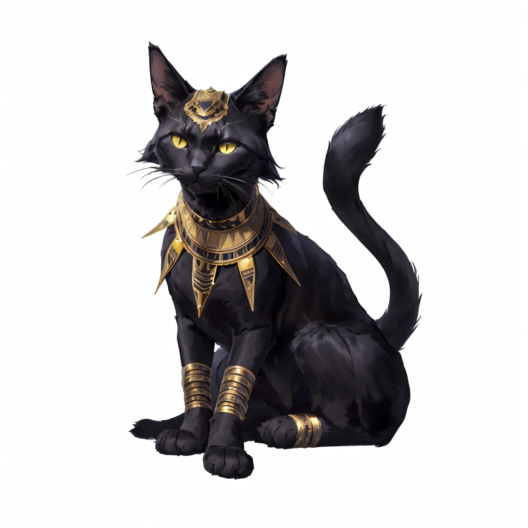 There is a black cat，Wearing a gold collar，The tail is black, bet, egyptian cat goddess, photo of ghost of Anubis, Anthropomorphic female cat, Dark Cat God, Anthropomorphic cat, Anubis, human cat, high resolution committee, an human cat, Cat Warrior, Cat Warrior Fan Art, Armored Cat