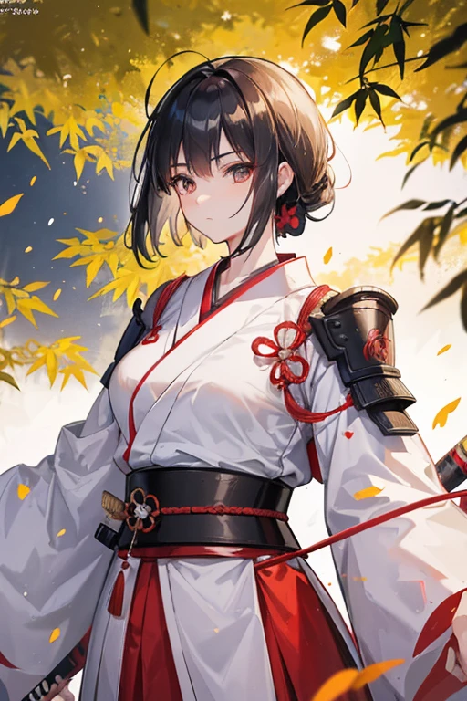 Female Samurai Photo, Stance for battle, With a sword drawn from its sheath, Ready for battle, wearing a samurai costume (kimono) (Bamboo forest wind), (The wind blew the leaves up), Cut on her shoulder ( High skin detail: 1.2), 8K Ultra HD, Single-lens reflex camera, Soft lighting, high quality, Film Grain, Fujifilm XT3