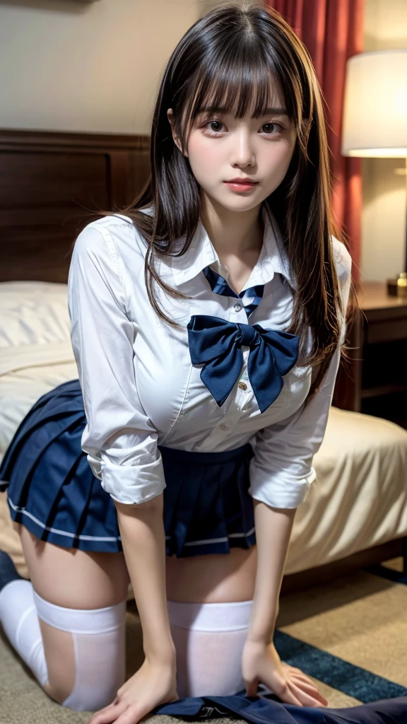 masterpiece, Best Quality, 8K, 20 yo, huge breasts, cuddly, Solo, sad, Cute, Girly, Delicate girl, Neat and clean beauty, Raw photo, Professional Photography, Portrait, Soft light, Professional Lighting, Back lighting, Upper body, front view, (on all fours, hotel room), Sophisticated, Film grain, (Eyes and faces with detailed:1.0), short length floating hair, beautiful flowing hair, bangs, High school girl uniform、Super Short Check Uniform Skirt、Navy blue high socks, Colossal tits、Don't expose it, expresses the roundness and softness of your chest., Protruding big, Erotic shorts, Standing Elegantly、beautiful thick legs