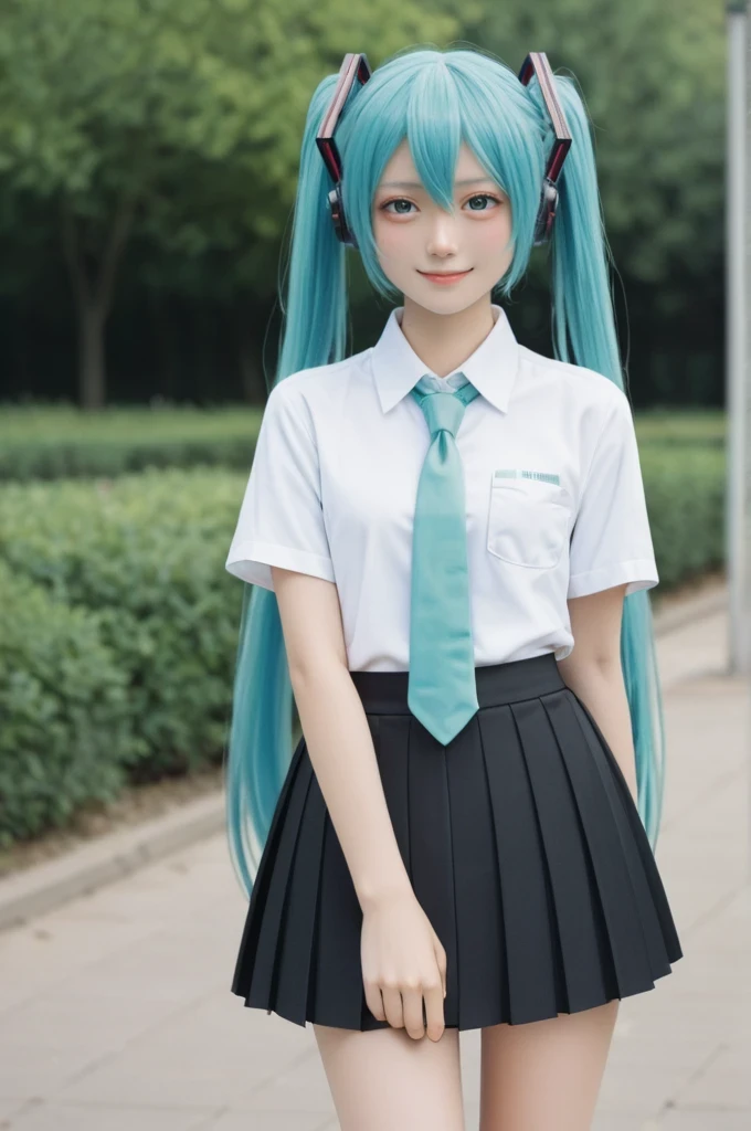 score_9,score_8_up,score_7_up,uncensored, source_anime
BREAK
1girl, standing, hatsune miku, looking at viewer, cowboy shot, shirt, pleated skirt, smug, half-closed eyes, outdoors