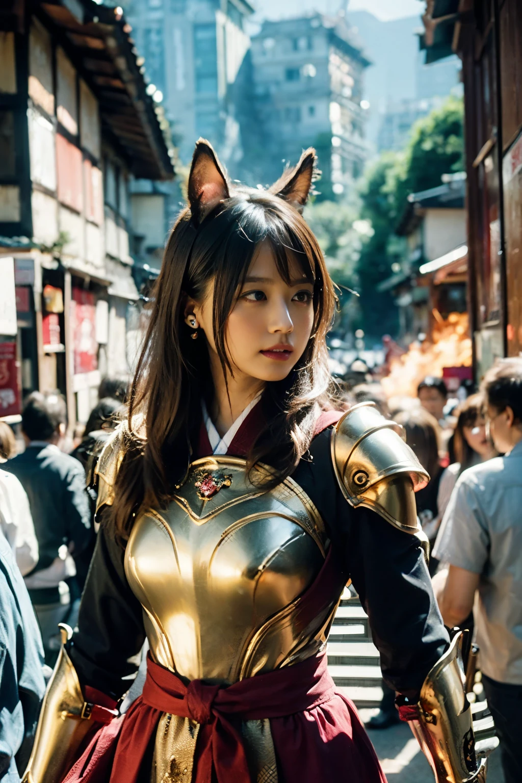 masterpiece, best quality, crisp detail, high definition, kasumi arimura, (car ears:1.4),(fully decorated golden armor:1.5), fighting stance, dirty, sweating, blood scattered, bloodbath, carnage, fire everywhere, smoke everywhere, blood everywhere, death everywhere, japan bakumatsu period, (dead bodies, carcass, ,fire, smoke, burned japanese castle village, hell) , (traditional village background)