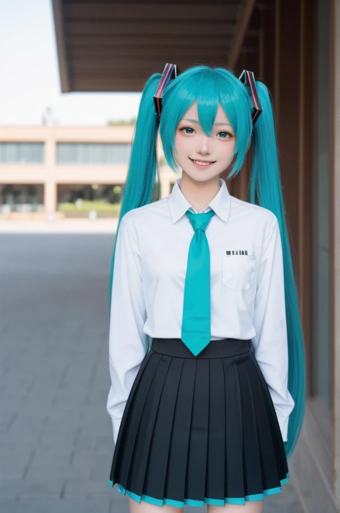 score_9,score_8_up,score_7_up,, source_anime
BREAK
1girl, standing, hatsune miku, looking at viewer, cowboy shot, shirt, pleated skirt, smug, half-closed eyes, outdoors